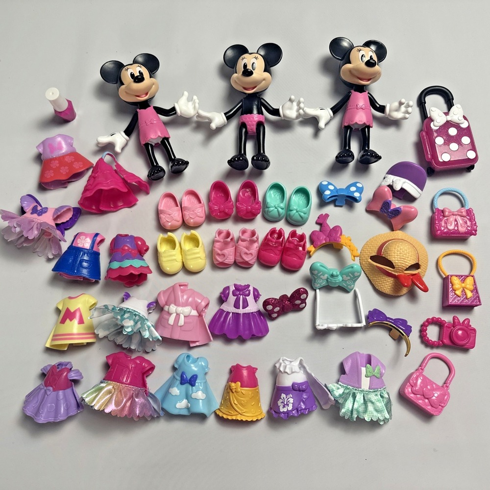 Lot Of 45 pcs Minnie Mouse Bow-tique Snap N' Style Dolls Glitter Clothing Shoes